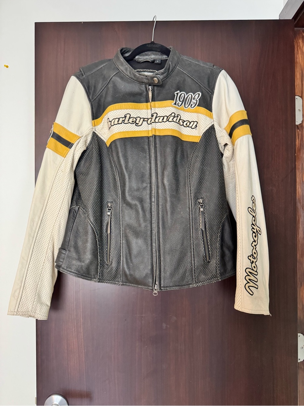 Harley‑Davidson Black, Cream & Yellow Women's Leather Motorcycle Jacket
